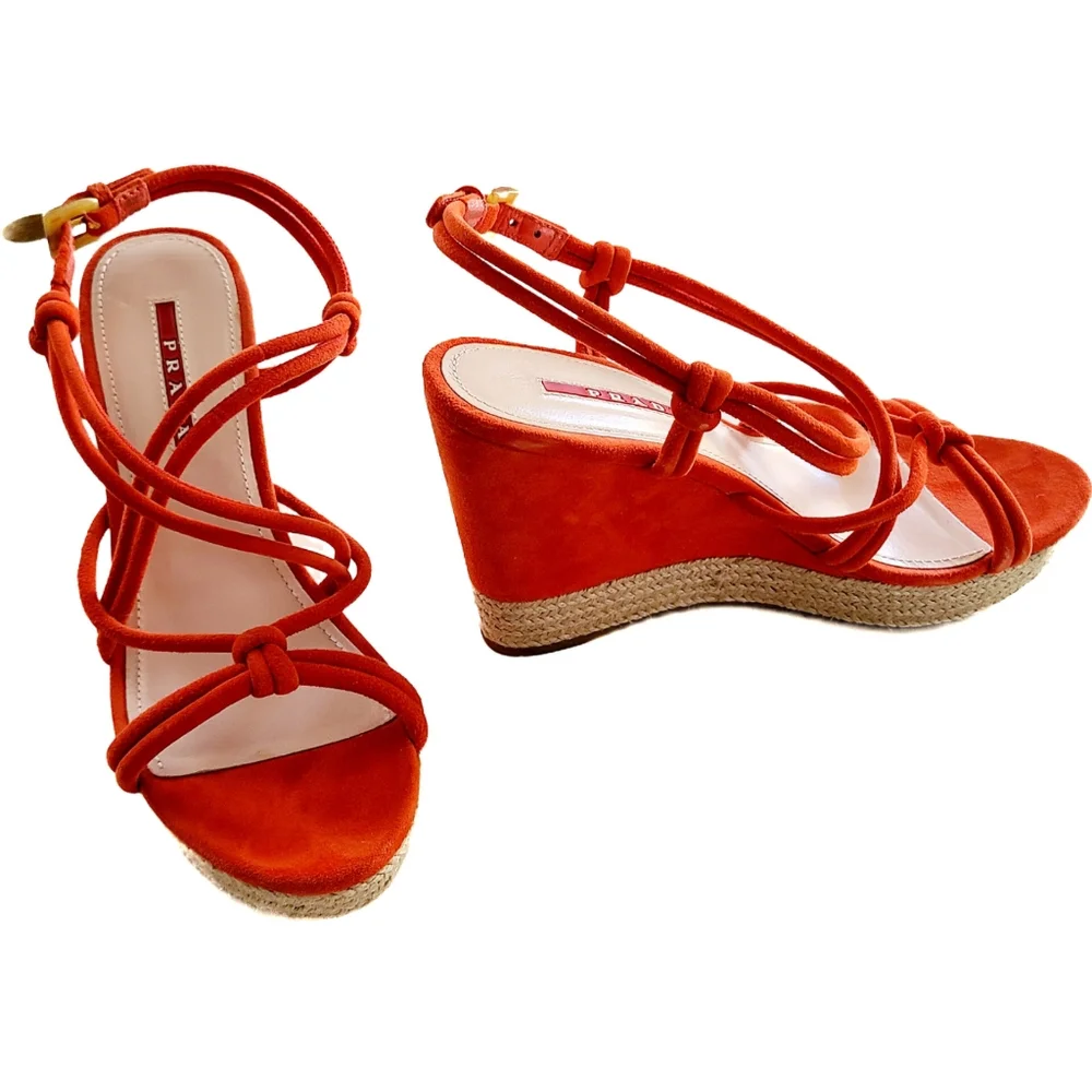 PRADA Platform Wedge Espadrille Strappy Sandal Orange-Red Suede 36 - Picture 2 of 9